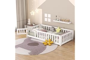 ROCKINGRUN Twin Size Montessori Floor Bed Frame with Safety Fence & Convertible Door, Toddler Playhouse Floor Bed with Sturdy Soild Wood Slats Guardrails for Girls, Boys, Child Bedroom, Kids Playroom (White)