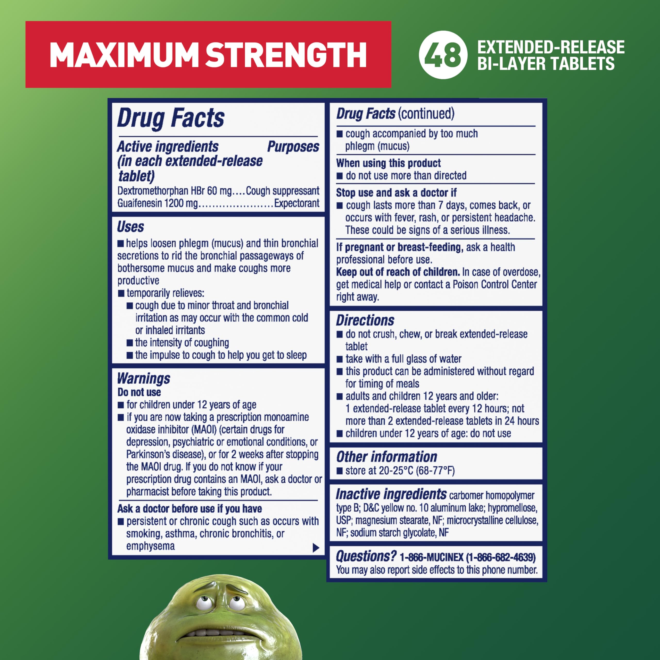 Mucinex DM 12Hr Maximum Strength Chest Congestion & Cough Medicine for Adults, Cold and Cough Medicine for Excess Mucus Relief, 1200 mg Guaifenesin & 60 mg Dextromethorphan HBr, 48 Bi-Layer Tablets