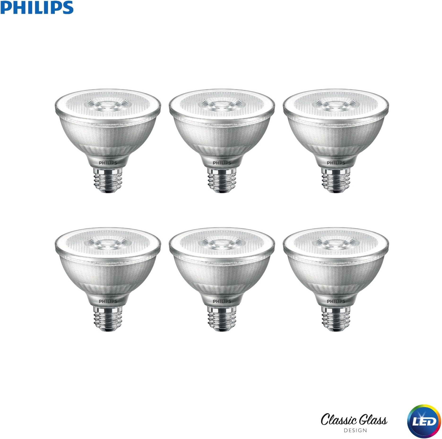 Philips LED Classic Glass Dimmable PAR30S 25-Degree Spot Light Bulb: 850-Lumen, 3000-Kelvin, 12-Watt (75-Watt Equivalent), E26 Base, Bright White, 6-Pack (California Residents Only)