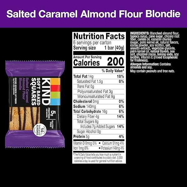 KIND SOFT BAKED SQUARES, SALTED CARAMEL ALMOND FLOUR BLONDIE, GLUTEN FREE, HEALTHY SNACK BARS, 5G PROTEIN, 6 COUNT