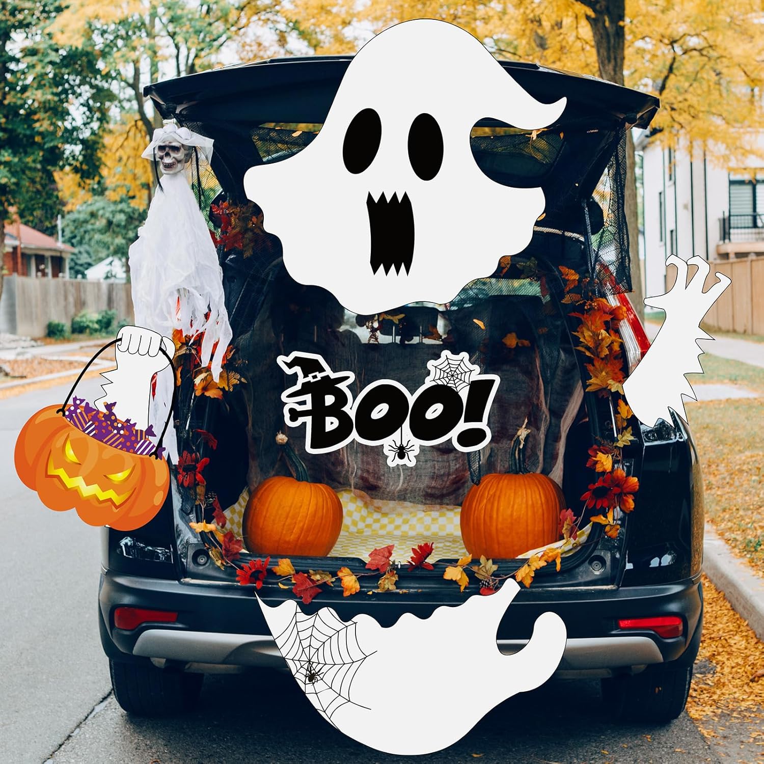 Garage Door Decorations - Halloween Trunk or Treat Car Decoration Kit, Ghost Monster Bat PVC Halloween Car SUV Garage Door Entryway Archway Decor Waterproof Durable PVC Halloween Outdoor Decorations(Ghost)