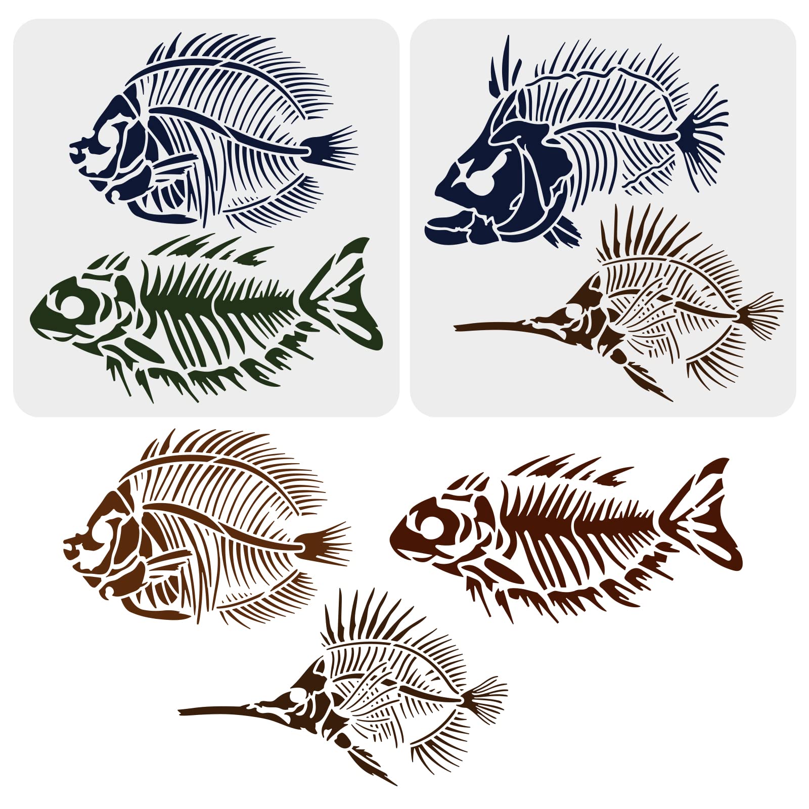 FINGERINSPIRE 2 pcs Fish Fossils Drawing Stencil 30x30cm Reusable Fish Bones Family Decoration Template DIY Craft Fish Stencils for Painting on Wall, Furniture, Fabric, Wood and Paper