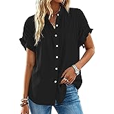 MASCOMODA Womens 2026 Button Down Shirts Ruffle Short Sleeve Loose Summer Tops Dressy Casual V Neck Business Work Blouses