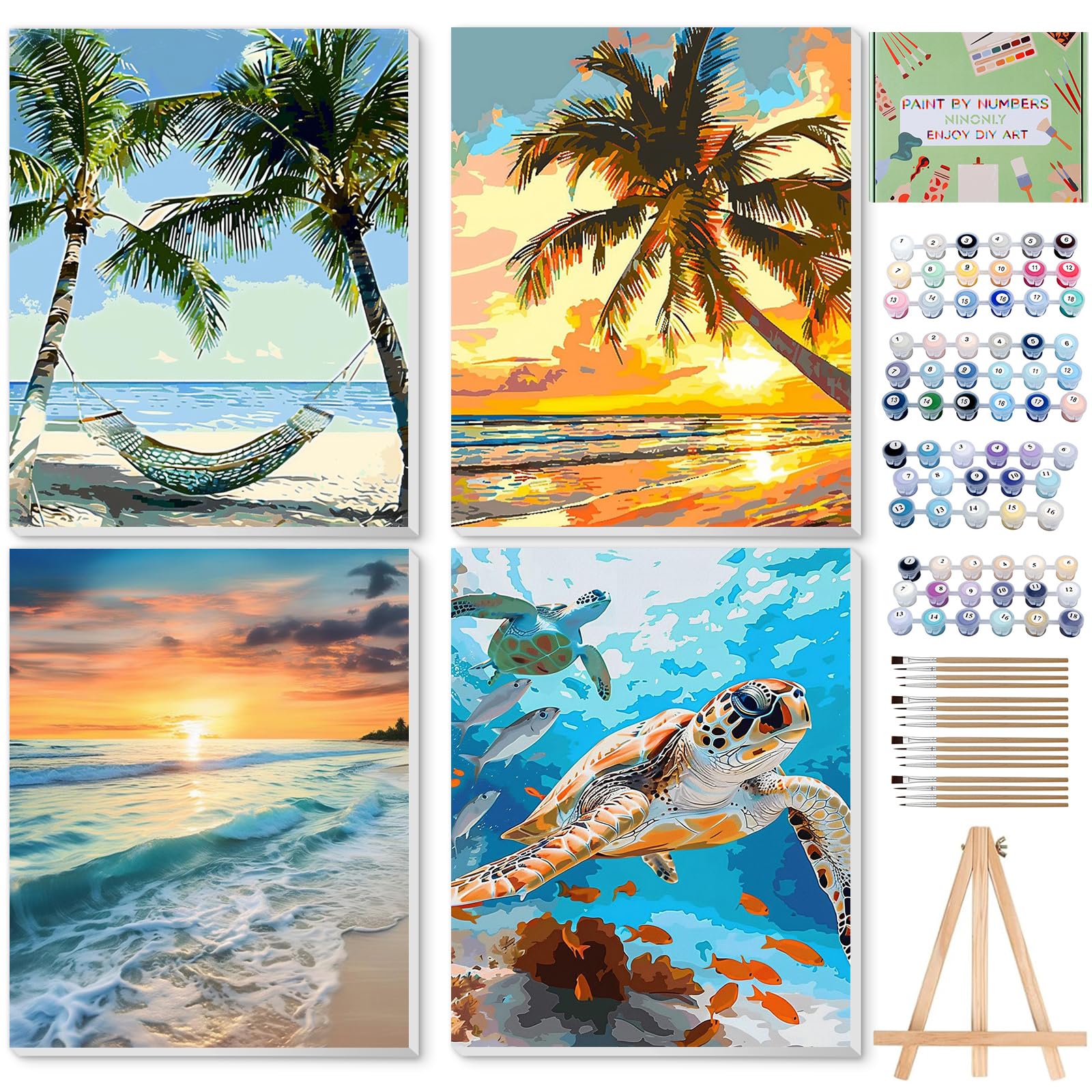 Photo 1 of Ninonly Paint by Numbers Kit for Adults with Framed Canvas, 4 Pack Beach Sea Turtle Arts and Crafts for Adults Beginner with Wooden Easel, Paint Brushes, Acrylic Paint, 9 * 12 Inch