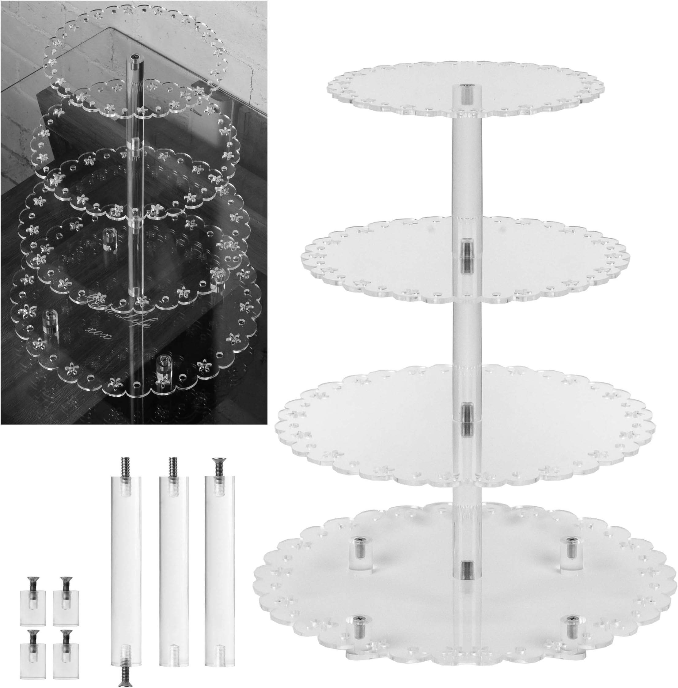 4 Tier Acrylic Round Cupcake stand Cake Dessert Pastry stand, serving tray or display with rod feet base for events, weddings, parties, cafes and bakeries 4.5” between tiers