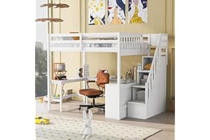 BOVZA Full Size Loft Bed with Storage Stairs, L-Shape Desk and 3-Tier Bookcase Shelves, Wood High Loft Bed Frame with Staircase & Guardrails for Kids Boys Girls Teens, White