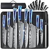 Dfito Chef Knife Sets with Roll Bag, 9 Pieces Professional Knife Set, High Carbon Stainless Steel Kitchen Chef Knife Set, Red Pakkawood Handle, Dishwasher Safe