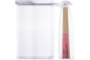 XYBHRC 50Pcs Organza Hand Fan Bags, 2.4 x 10 Inches Folding Hand Fan Decorative Pouch Party Wedding Favor Gift Candy Toys Pouches (White)