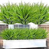 Phliofd 16Pcs Artificial Grass Fake Plants 17.3in 16 Leaves Outdoor Fake Grass UV Resistant Greenery Plastic Plants for Home Window Garden Patio Hanging Planter Pathway Front Porch Décor Green