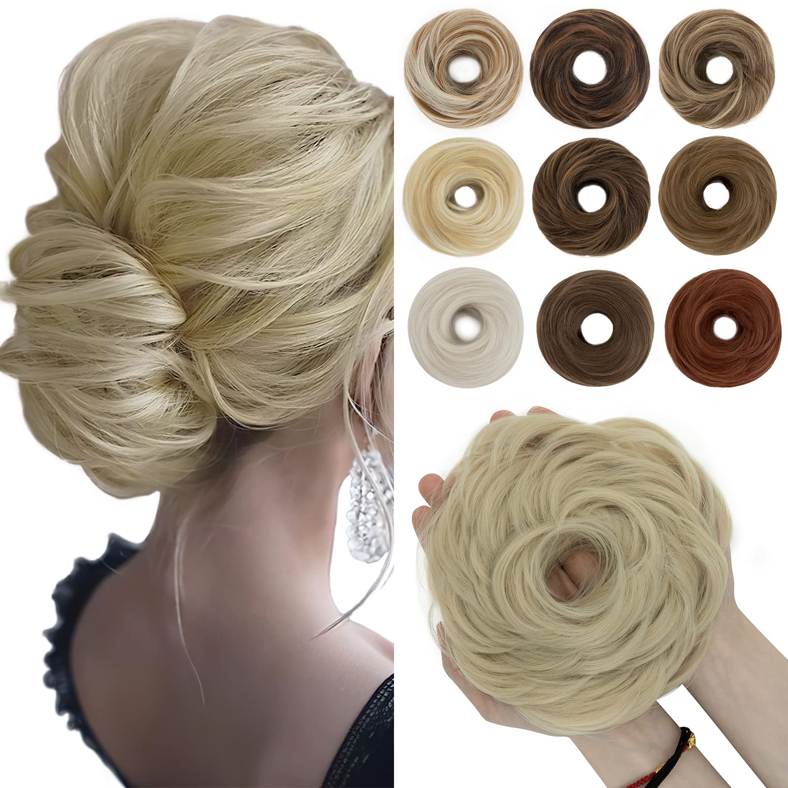 SEGO 55g Messy Bun Fluffy Tousled Updo Scrunchies Synthetic Thicker Hair Bun Hair Piece For Women Donut Easy Bun Hairpiece, Bleach Blonde, 1 Count