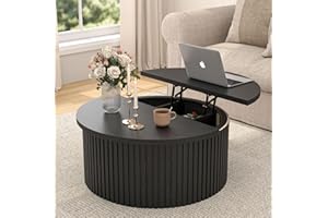 Fsbecl Lift Top Coffee Table with Storage, Round Coffee Tables for Living Room, 34.6In Farmhouse Fluted Coffee Table, Wood Center Table with Large Hiddern Storage Compartment (Black)