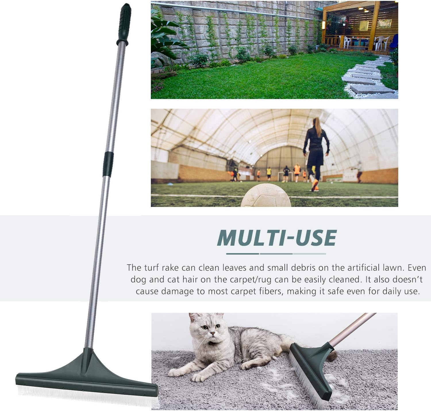 ORIENTOOLS Turf Rake, Ergonomic Adjustable Lightweight Steel Handle, Plastic Head with PA Brush, 32 to 52 inches, Carpet Rake : Garden & Outdoor