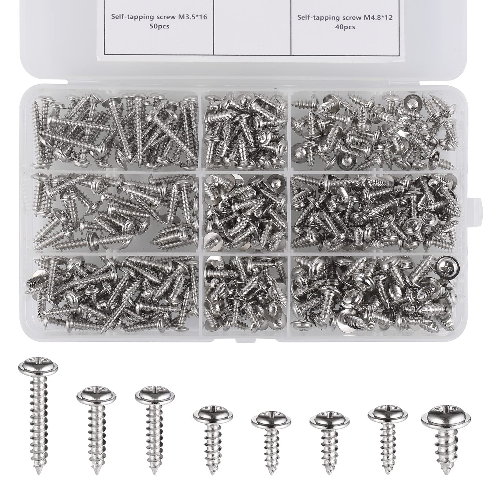 350 Pcs Self Tapping Wood Screws, Rust-Proof Nickel Plated Metal Pan Head with Storage Box for Repairment Fixing - 8 Sizes, Silvery — image 1