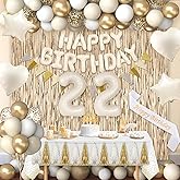 Miidenks 22nd Birthday Decorations for Women, White and Gold 22 Boho Birthday Party Supplies Includes Number Balloons, Banner, Fringe Curtain, Cake Topper