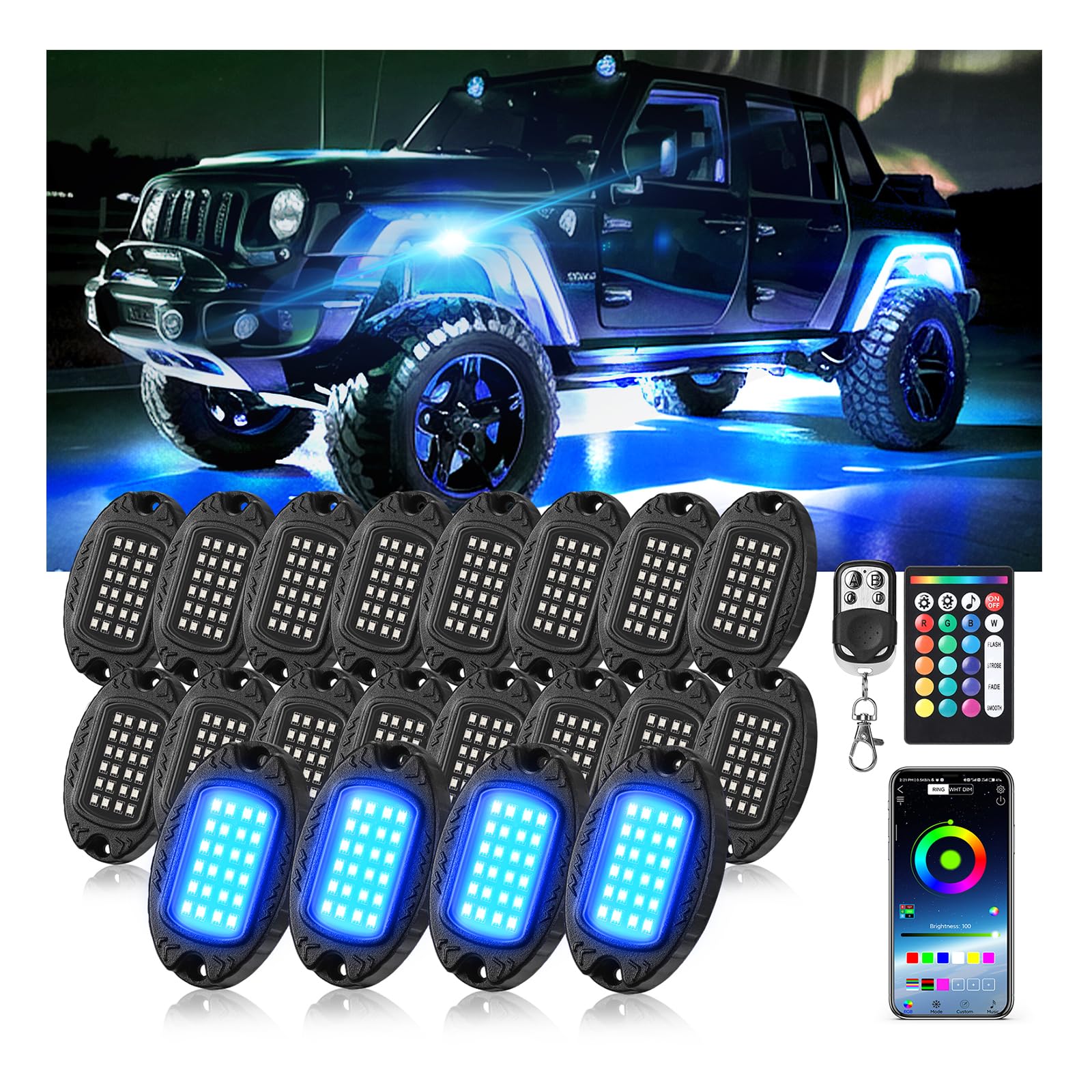 Photo 1 of 20Pods Metal RGB LED Rock Lights with Bluetooth APP/RF Remote Control, 480LED Multicolor Underglow Kit with Dual Zone Music Mode 12V Underbody Lights Waterproof for Trucks