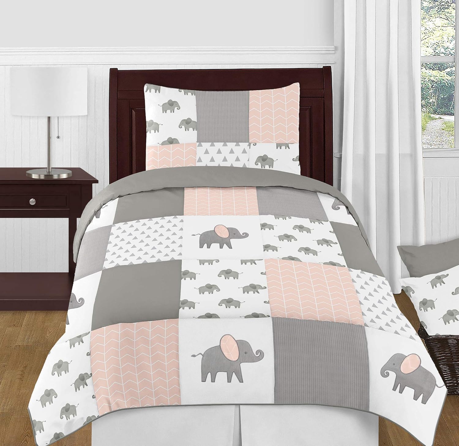 pink and grey elephant bedding