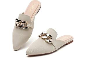 Tilocow Knitted Mules for Women Flats Metal Chain Decor Pointed Toe Mesh Backless Loafers Slip On Business Casual Shoes Walking Slides Flat