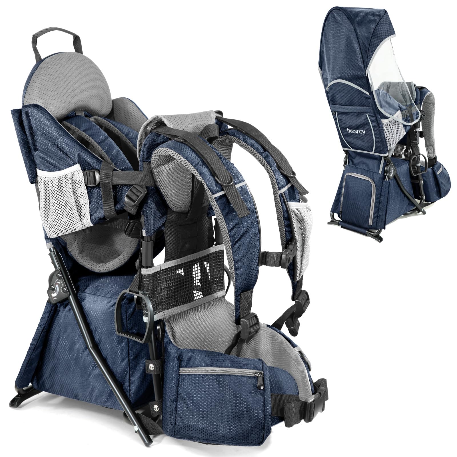 Photo 1 of besrey Baby Backpack Carrier, Toddler Hiking Backpack with Safety 3-Height Seat, Adjustable Straps&Waist Belt, Foldable Frame Lightweight Large Capacity Child Carrier for Hiking (Blue/Grey)