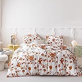 SUSYBAO Burnt Orange Botanical Duvet Cover Queen 100% Cotton 3 Pcs Set 1 Garden Terracotta Floral Duvet Cover with Zipper Ties 2 Pillowcases Cottage White Rust Plant Flower Bedding Set Soft