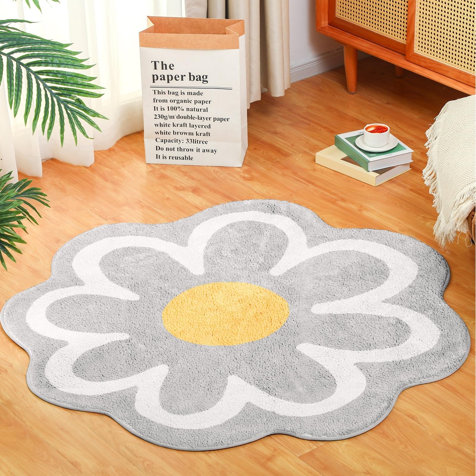 Photo 1 of Tinideya Aesthetic Cute Flower Round Area Rug Non Slip Circle Soft Fluffy Flower Rug Indoor Floor Mat Carpet for Girls Bedroom Bathroom Living Room Sofa Nursery Decor(Grey, 4 ft)