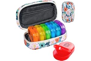 Serfeymi Weekly Travel Pill Organizer 2 Times A Day AM PM Upgraded Rainbow Pill Box 7 Day with Portable Zipper Canvas Pill Case, Medicine Organizer for Pills, Vitamins, Fish Oils - Bloom 01