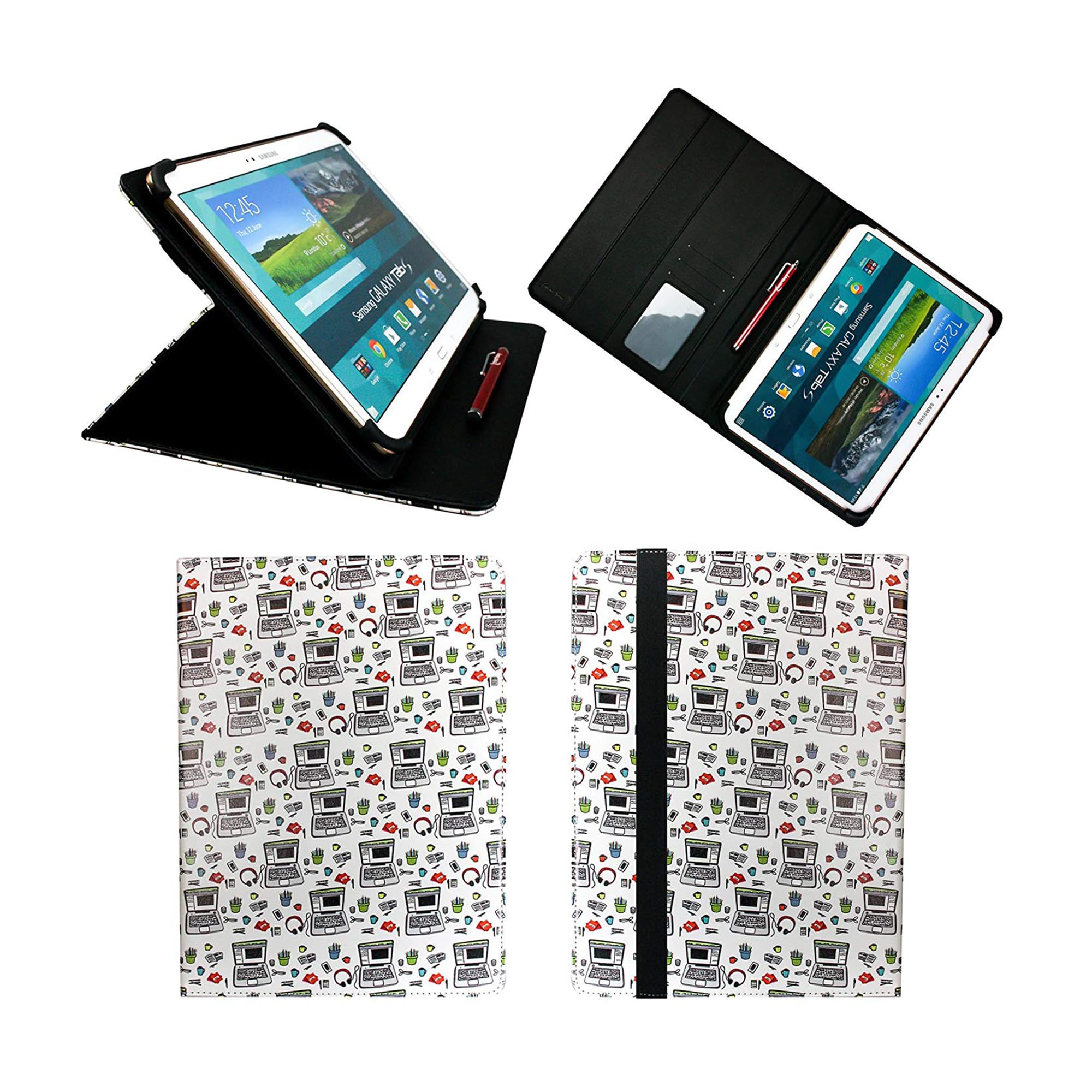 Emartbuy Universal 9.1 Inch - 10.5 Inch Computers Multi Angle Folio Wallet Case Cover With Card Slots Black Elastic Strap and Stylus Pen Compatible With Selected Devices Listed Below