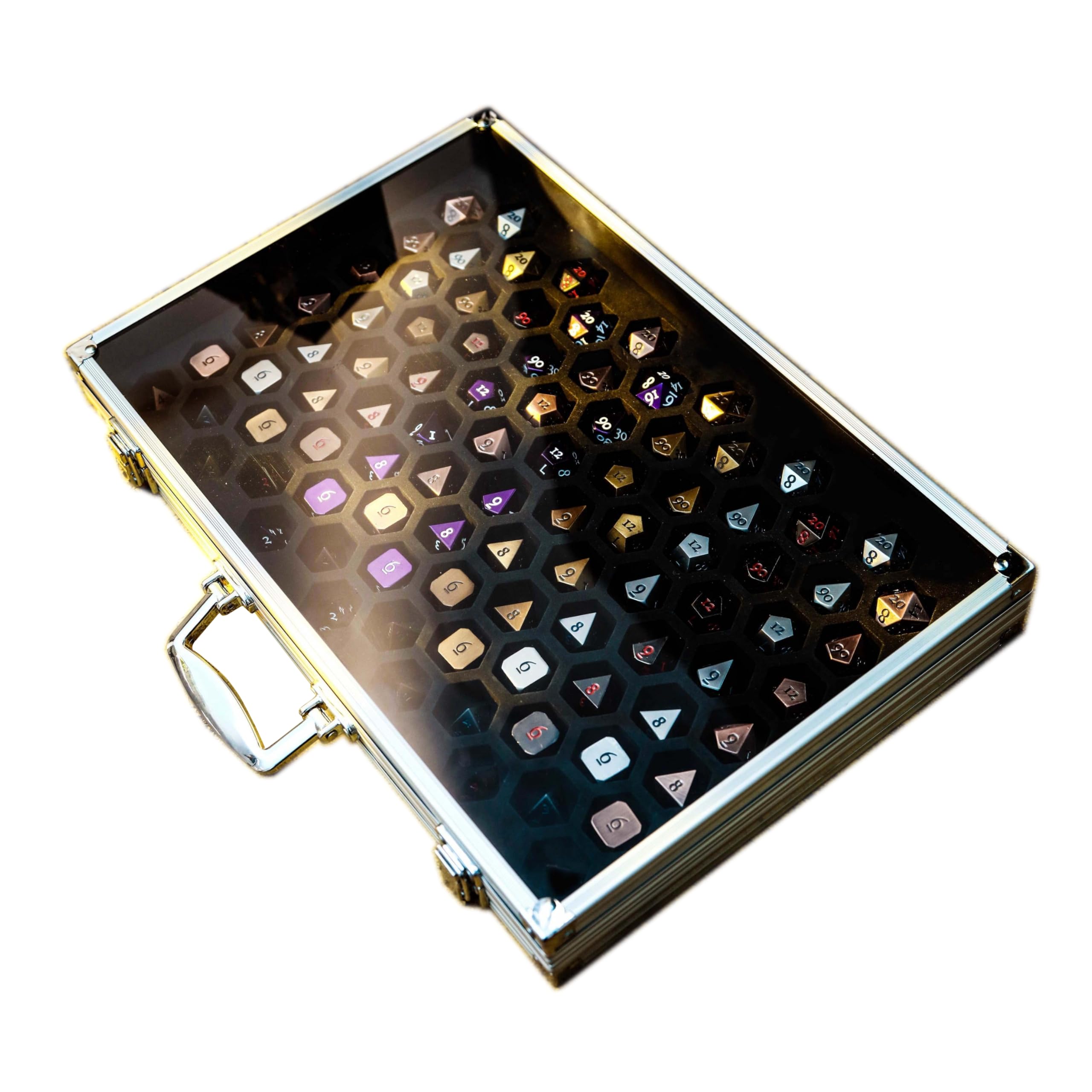 Dice Palace (Single-sided Display with Silver Casing) - 2in1 Dice Display & Storage Case Storing Dice Sets & Collections DND Dice Pathfinder Call of Cthulu Metal Stone Resin Dice Bag Box Metal Case