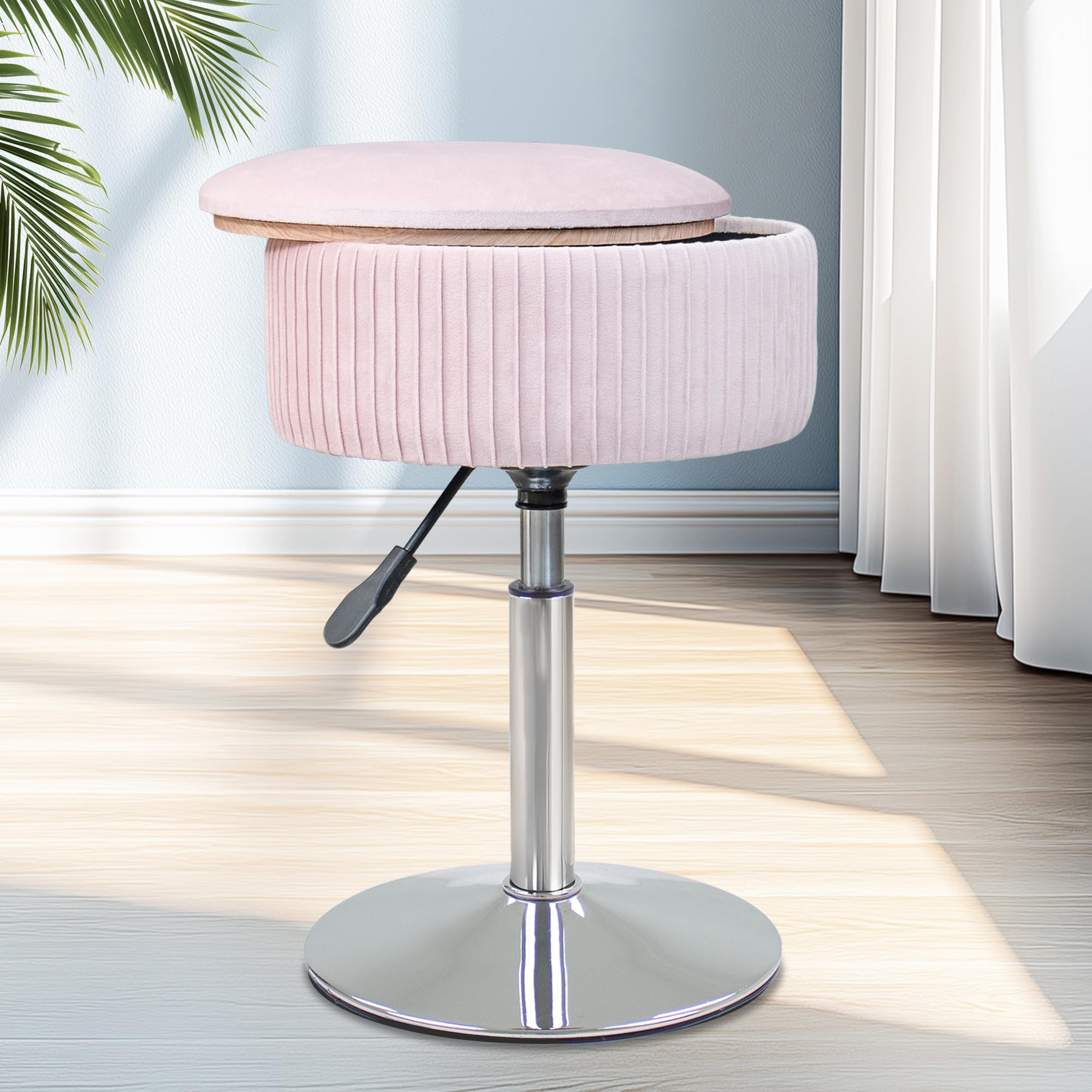 Photo 1 of LITZFUR Pink Vanity Stool for Makeup Room, Round Storage Ottoman Height Adjustable Velvet Vanity Chair, 360° Swivel Footrest for Living Room Bedroom