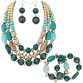 Bocar 3 Layer Chunky Statement Beaded Necklace Earrings Bracelet Set, Fashion Multi Layer Women Collar Necklace Jewelry Set