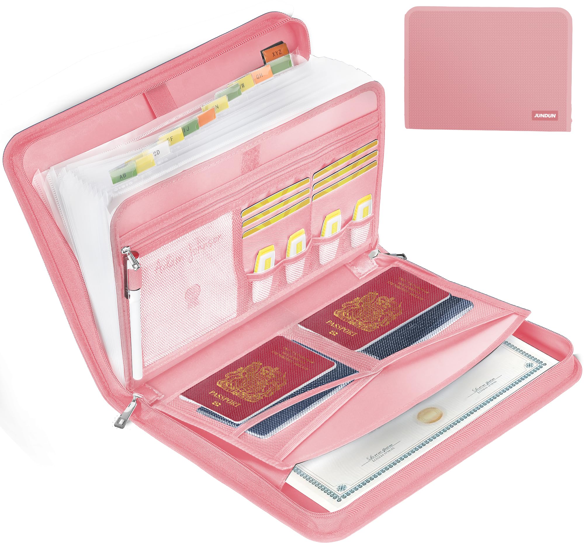 JUNDUN Fireproof Document Organiser - 13 Pockets Expanding File Folder with Zipper & Labels - Portable Waterproof File Organiser with Multi-Pockets Folder for A4 Documents | Receipt and More(Pink)