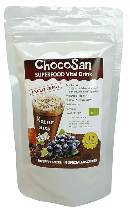 ChocoSan Superfood Vital Trinkpulver ohne Zucker mit Carob, Kakao, Orangen, Hagebutten, Kurkuma… bio, kalorienarm, natürliche