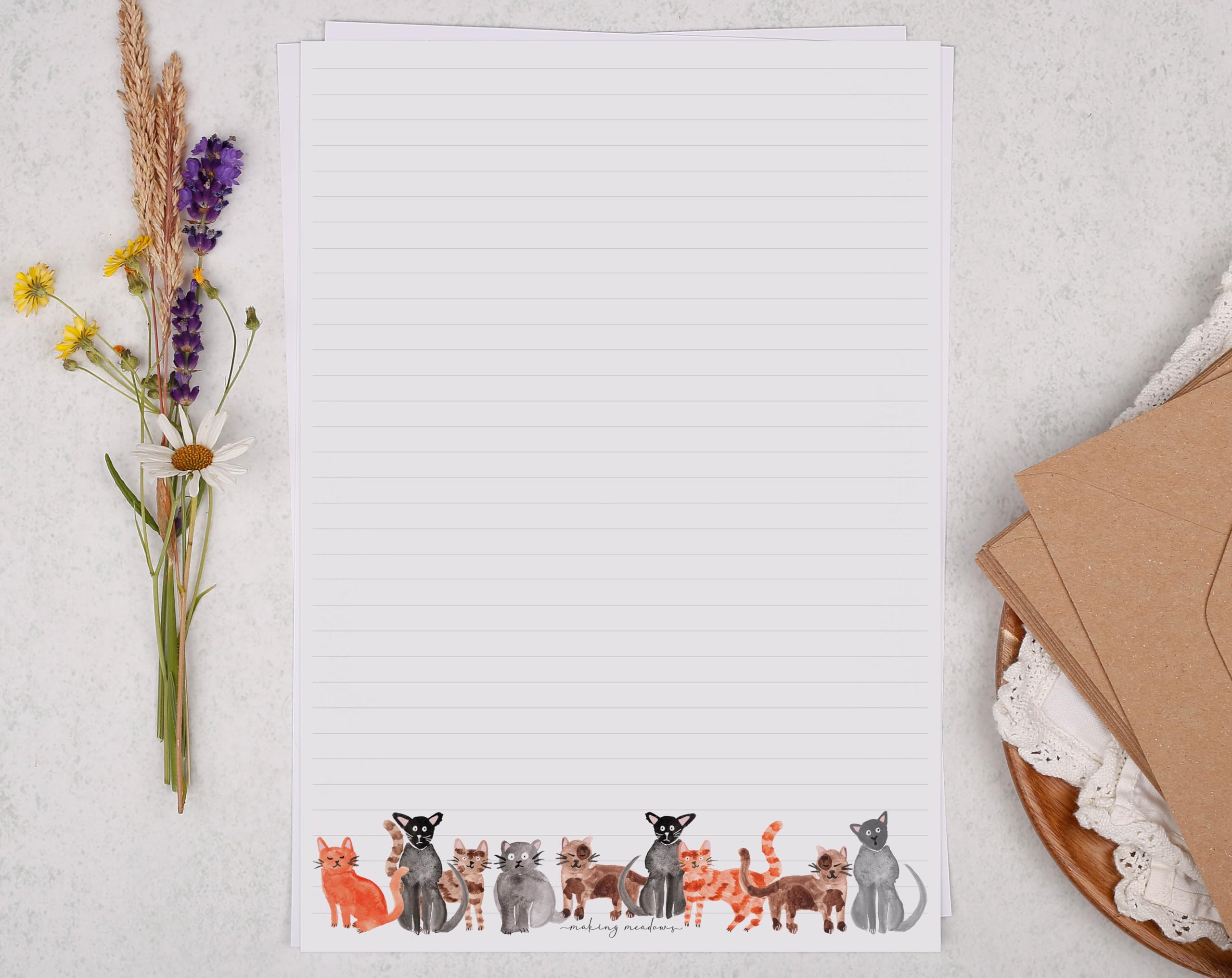 Making Meadows A4 Luxury Writing Paper Set Cat Design (20 Sheets & 10 Envelopes), Perfect for Letter Writing, Lined Writing Paper and Envelopes