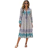 R.Vivimos Women's Long Sleeves Floral Print Retro V Neck Tassel Casual Bohemian Midi Dresses