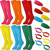 Cutecrop 18 Pcs Knee High Soccer Socks Set 6 Softball Socks 6 Elastic Hair Ties 6 Sports Headbands for Baseball Accessory(rose red, red, yellow, orange, blue, green)