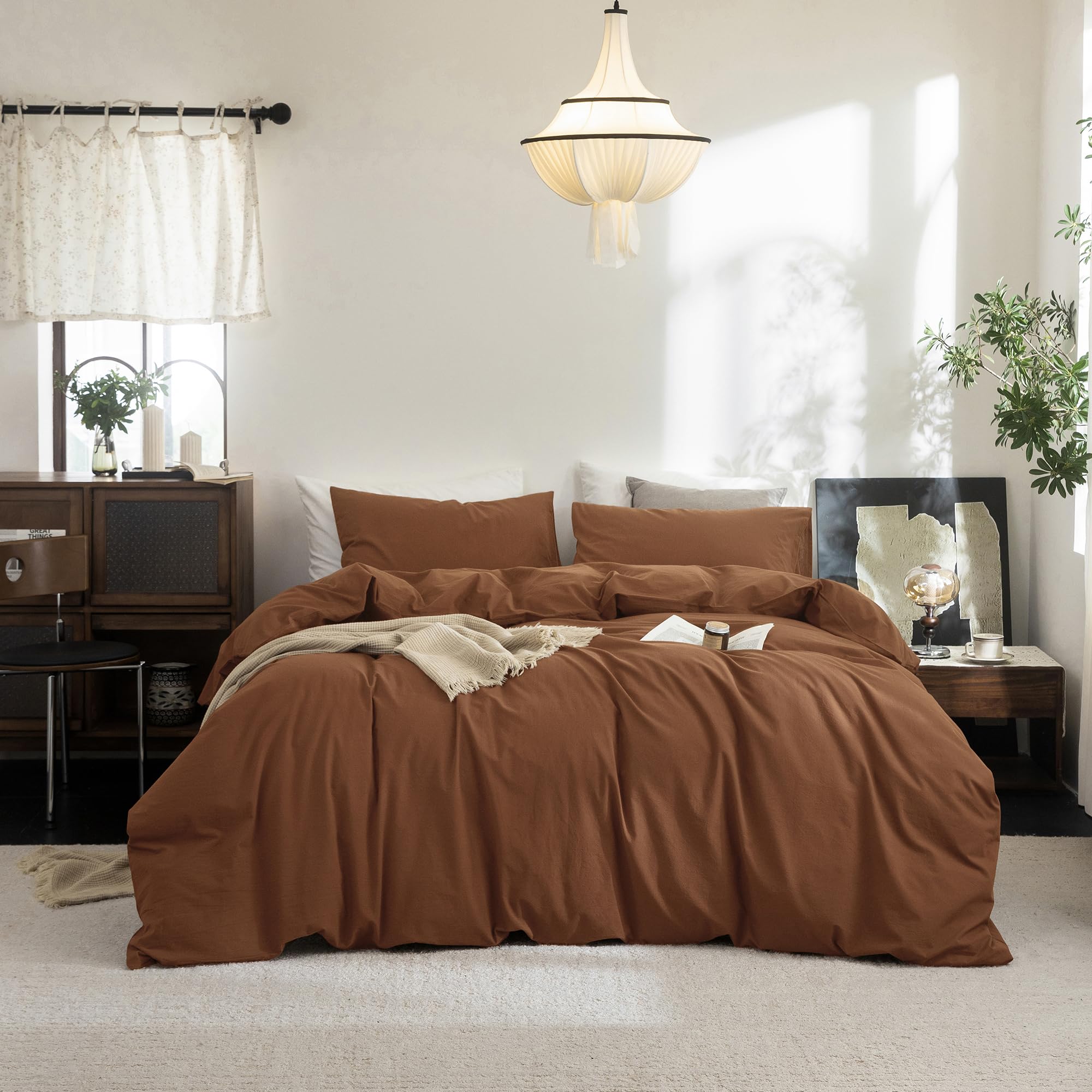 Photo 1 of FOSSA Duvet Cover Set 100% Washed Cotton Linen Feel Super Soft Breathable Cozy 3 Pieces Bedding Sets Solid Dark Orange Oversized King