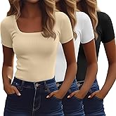 Ficerd 3 Pack Women's Short Sleeve Scooped Neck T Shirts Tops Basic Ribbed Knit Tee Slim Fit Solid Color Shirt