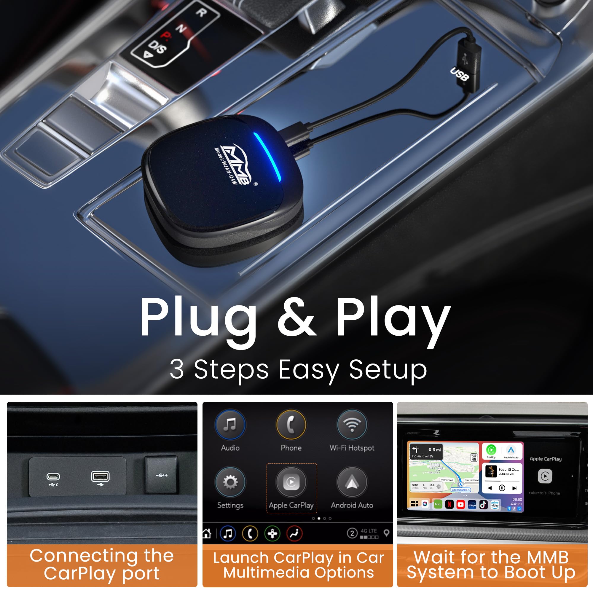 MMB MAX 5.0 CarPlay Box 2024 Android 13.0 Multimedia Video Ai Box, QCM 6225 8-Core 8+128GB Online YouTube/Netflix/Google Store, Support SIM&TF Card Wireless CarPlay & Android Auto Adapter