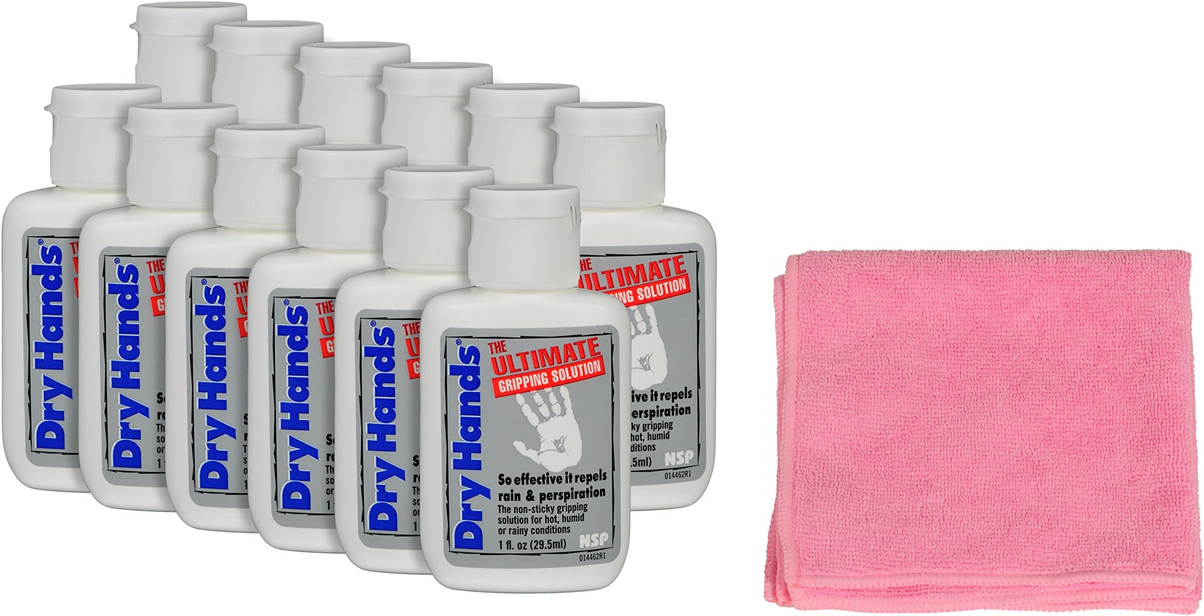 Dry Hands 12 Pack 2oz. Ultimate Gripping Solution and 1 Pink Microfiber Cloth Bundle