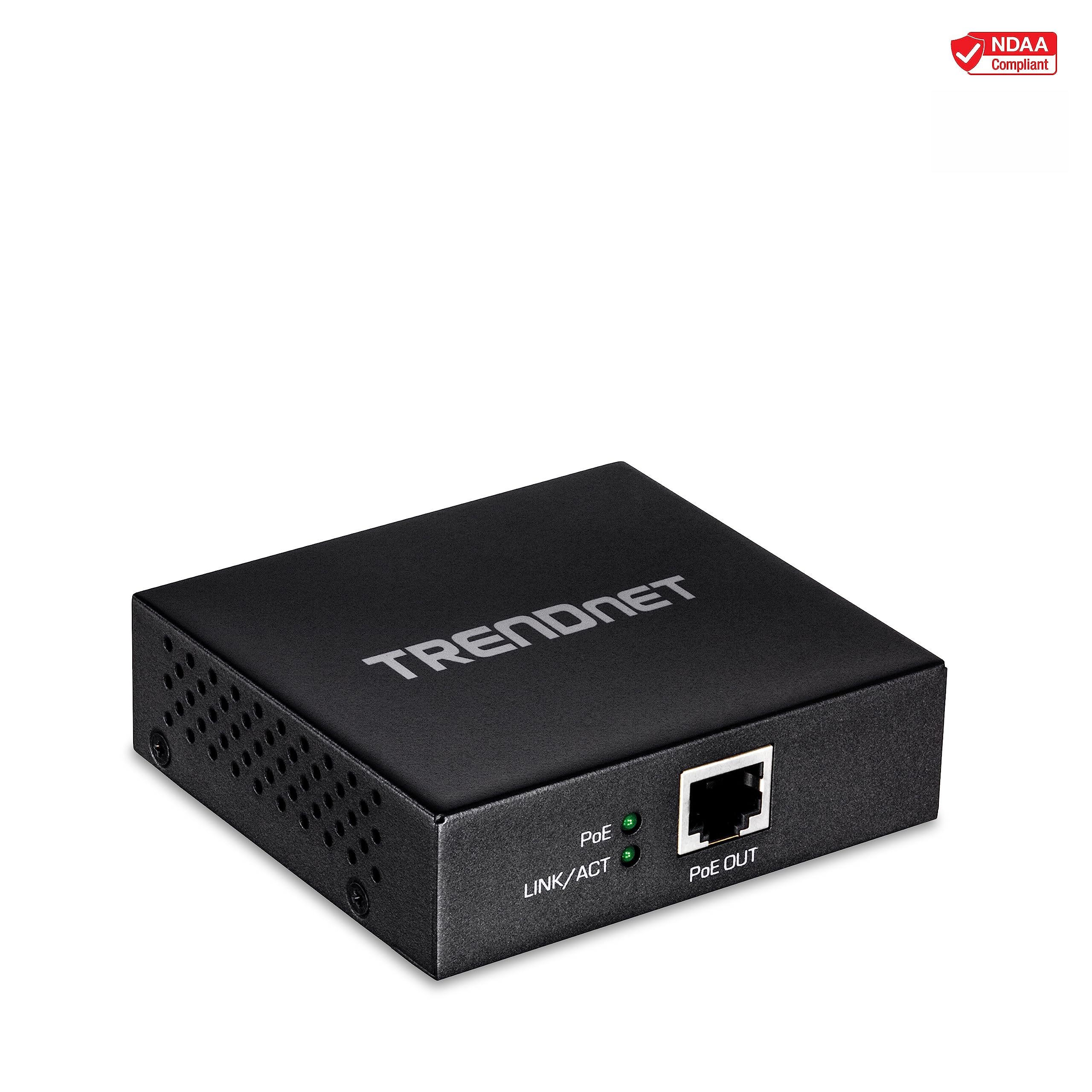 TRENDnet Gigabit PoE+ Repeater/Amplifier, 1 x Gigabit PoE+ In Port, 1 x Gigabit PoE Out Port, Extends 100m For Total Distance Up To 200m (656 ft), Supports PoE(15.4W) & PoE+(30W), Black, TPE-E100