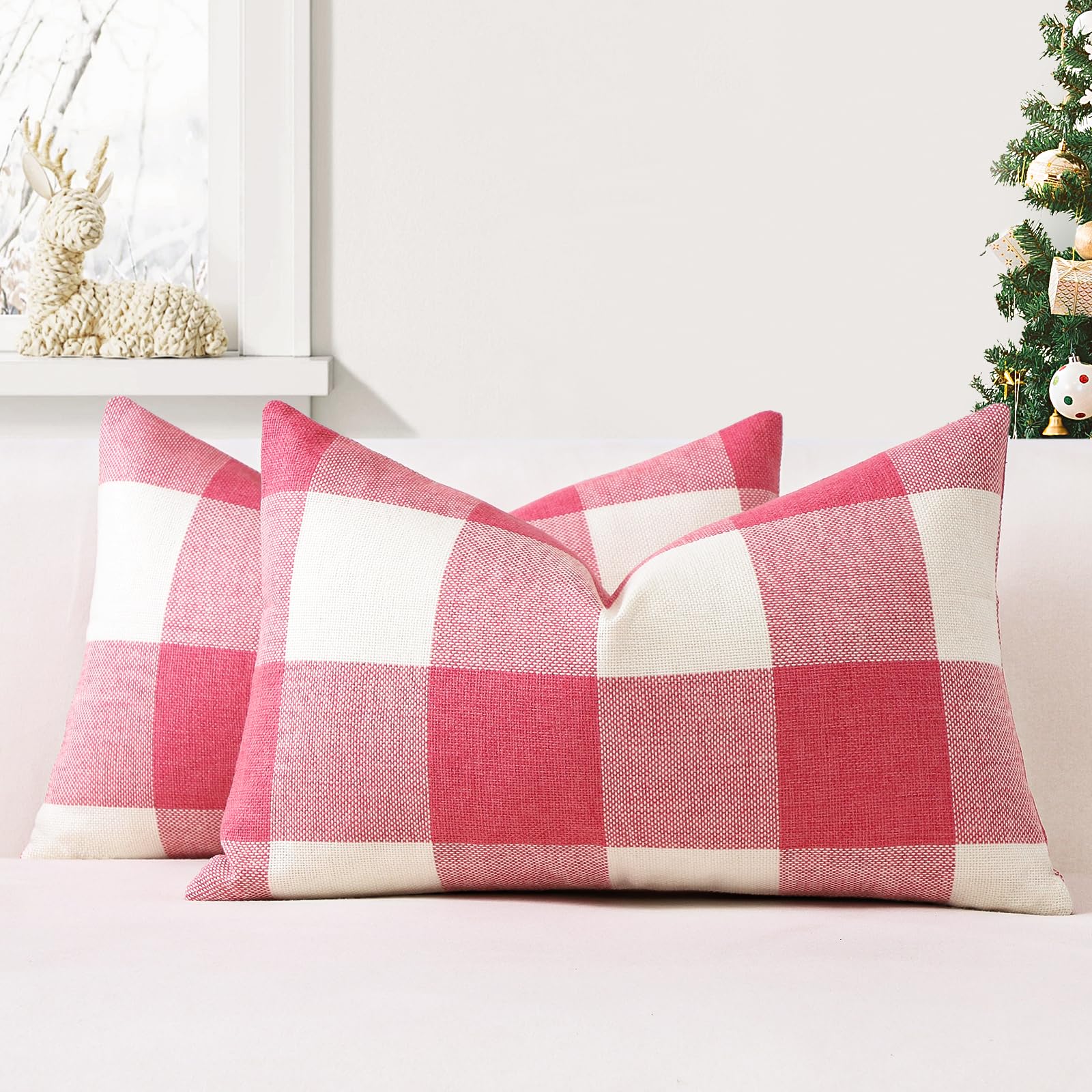 JOTOM Set of 2 Classic Plaids Cushion Covers 30x50 cm Farmhouse Buffalo Check Soft solid Decorative Throw Pillow Covers Home Decor Outdoor Cushion Case for Sofa Bedroom (Pink)
