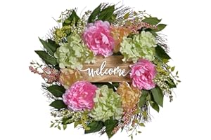 VOFULY Spring Summer Wreath for Front Door Outside,Farmhouse Porch Door Decor,Pink Flower Wreath, Unique Welcome Peony and Hydrangea Wreath Indoor Outdoor Wedding Décor-20inch