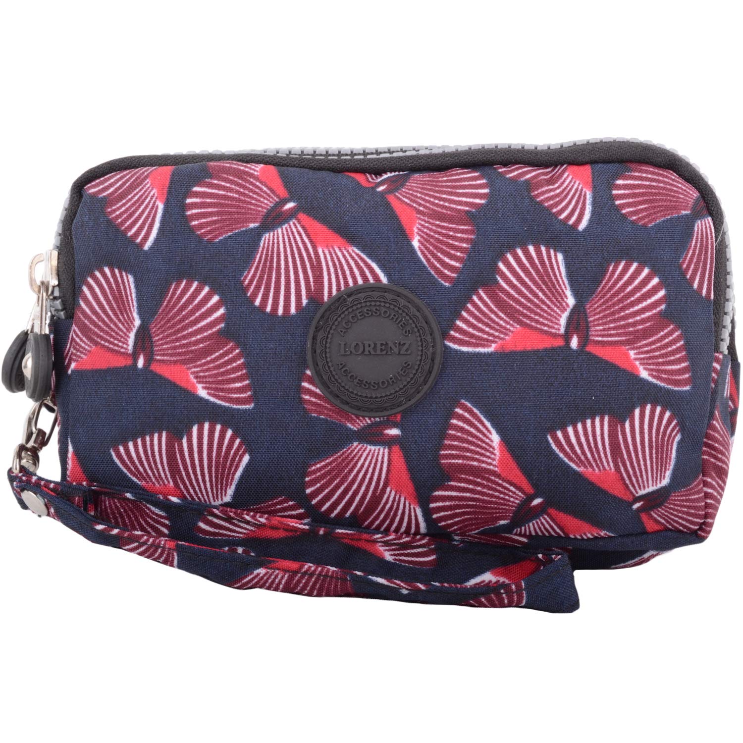 Womens Large Zip Round Multi-Compartment Purse/Clutch/Money Holder Wrist Strap - Burgundy Butterfly