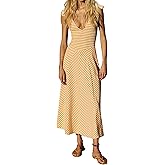 DURUNUL Women Summer Flowy Striped Dresses Smocked V Neck Tank Top Beach Dress Sleeveless Sundress Long Dress with Pockets