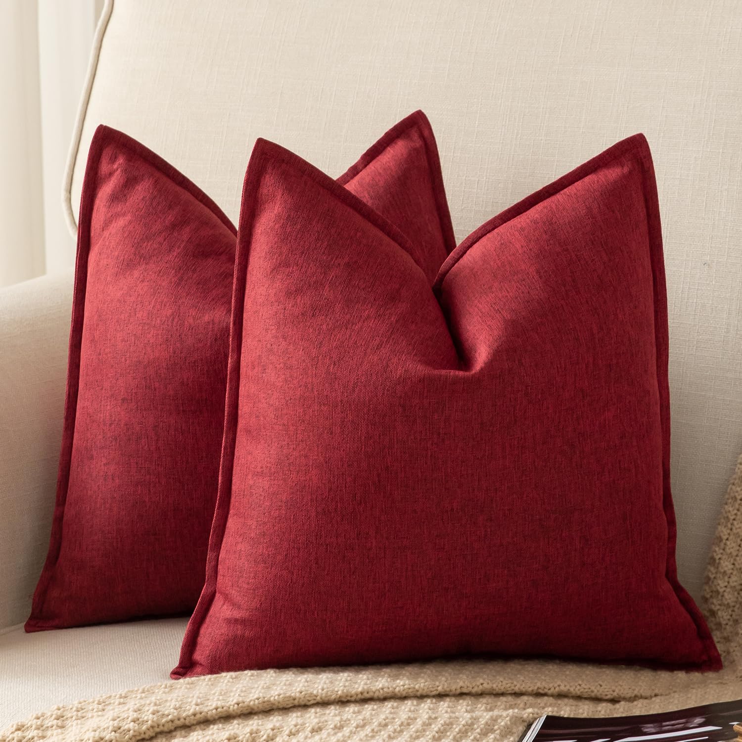 YAERTUN Pack of 2 Decorative Linen Soild Cushion Covers Farmhouse Neutral Throw Pillow Cases for Chair Couch Sofa Bedroom Living Room Home Decor 26 x 26 Inch 65x65 cm Wine red