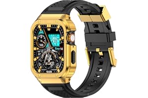 Deczone Band with Stainless Steel Case Compatible with Apple Watch Series 11 10 46mm Band, iwatch Bands Rugged Metal Protective Cover for Men (Gold)