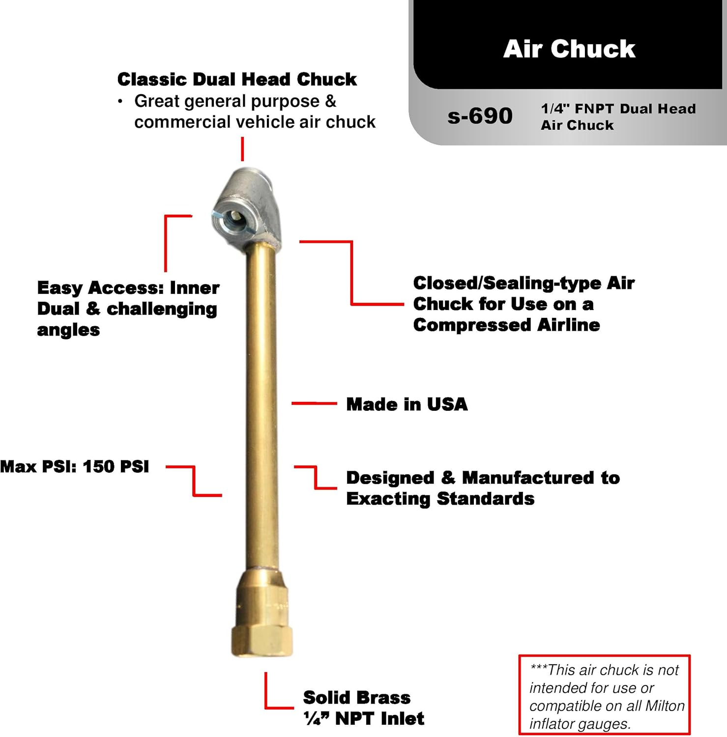 Milton (S-690 1/4" FNPT Dual Head Air Chuck: Automotive
