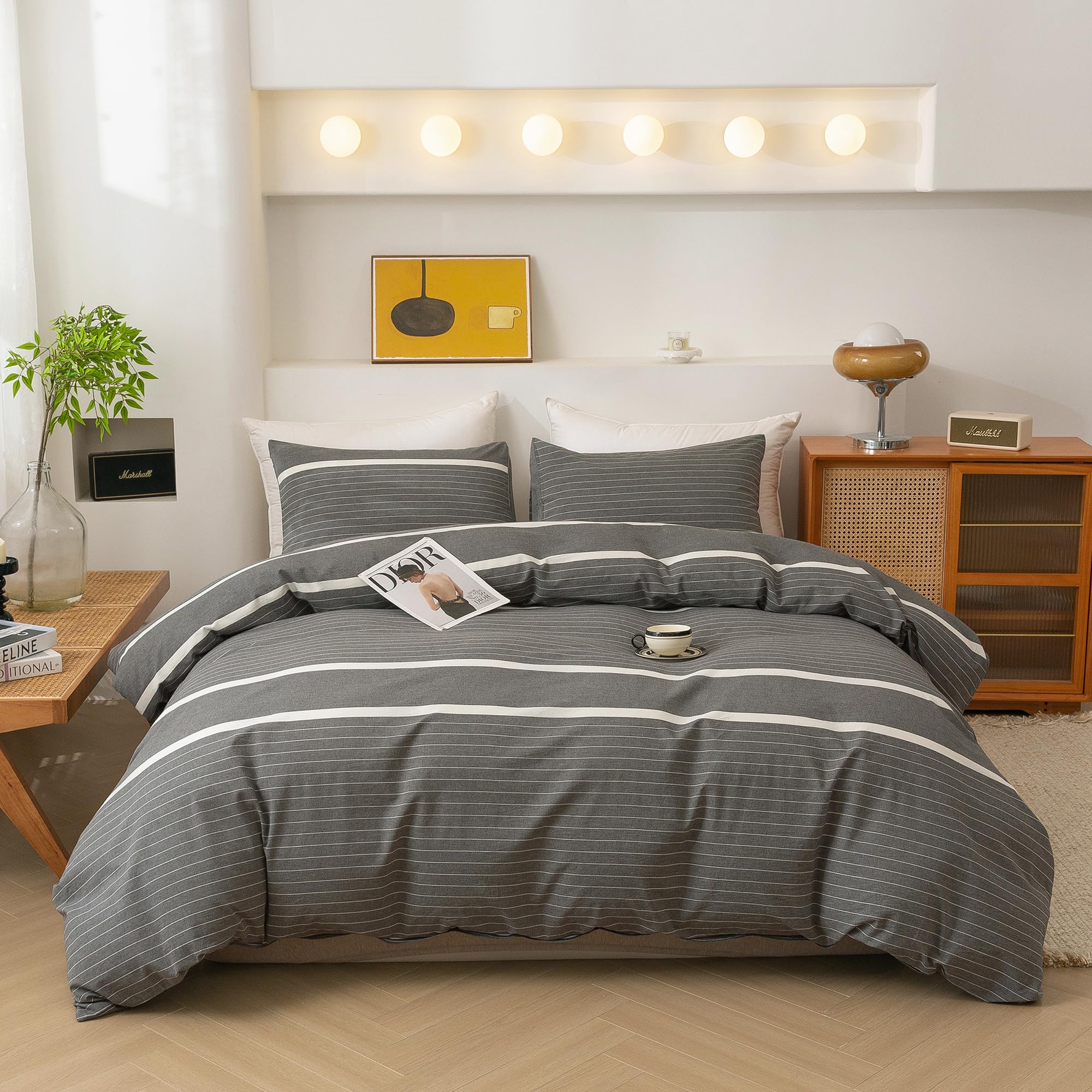 Photo 1 of ECOCOTT Duvet Cover Set, 100% Washed Cotton Linen-Like Textured Soft & Breathable, Durable Comfy Bedding Set for All Seasons California King Size, Grey Stripes