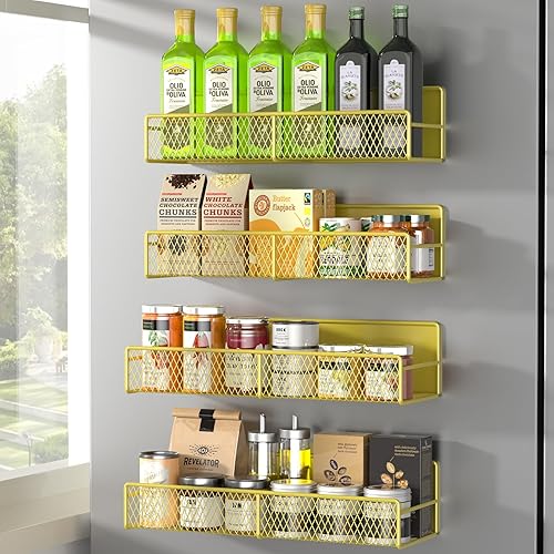 DTUQYX Magnetic Spice Rack for Refrigerator, 4 Pack 100% Metal Strong Magnet Fridge Shelves, Space Saving Spice Organizer, No Drilling Moveable Home Kitchen Laundry Room Storage Organization, Yellow