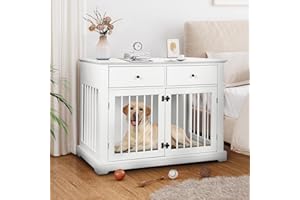 TAVATA Dog Crate Furniture with 2 Drawer, 44'' Large Dog Crate Dog Kennel, Heavy Duty Wood Dog Cage Dog House for Small/Medium/Large Dog, Sturdy Dog Kennel Dog Crate (White)