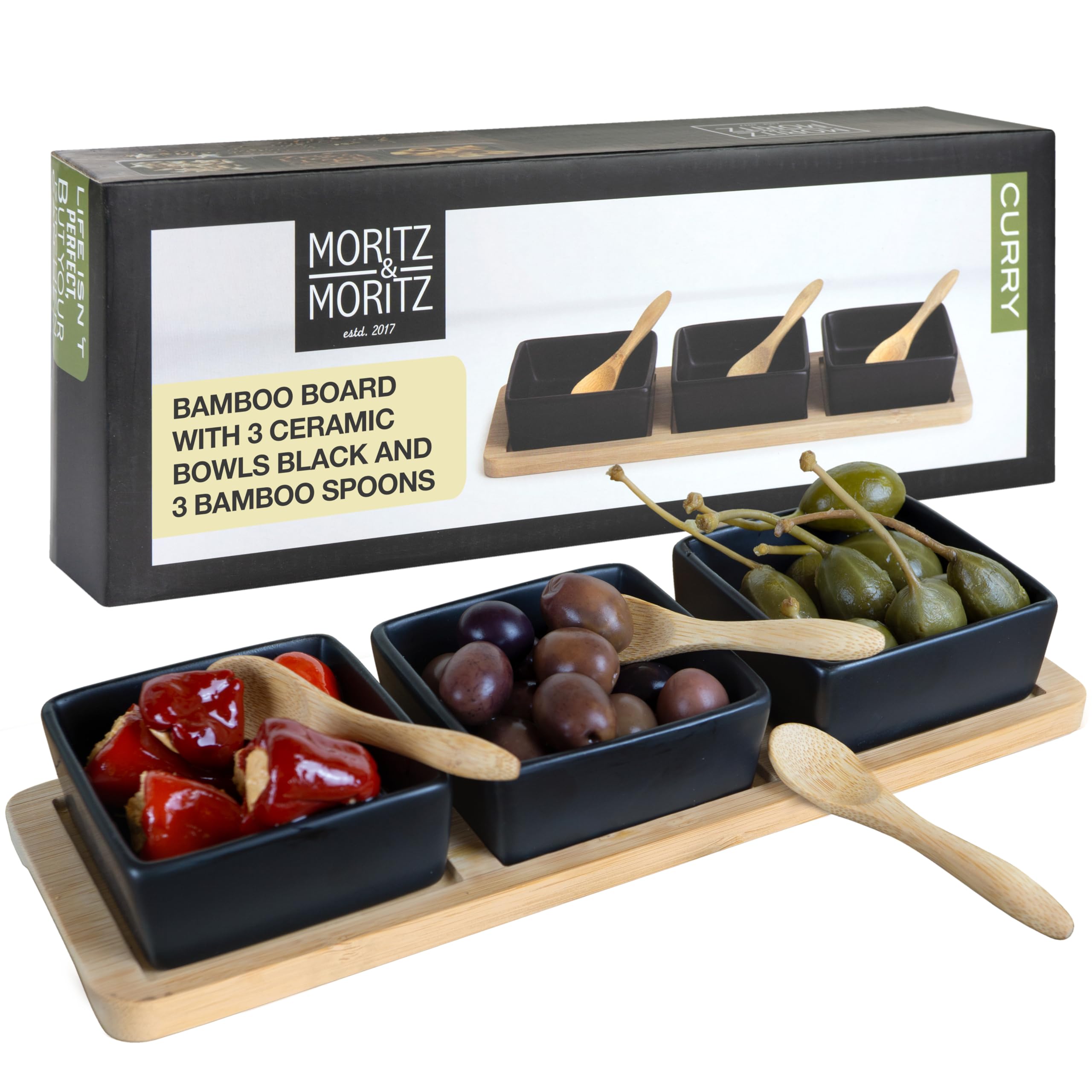 Moritz & Moritz Serving Bowl Set Black incl. Spoon & Serving Board - Chip and Dip Platter as Tapas Bowls, Dip Bowls, Snack Bowls and Candy Dish